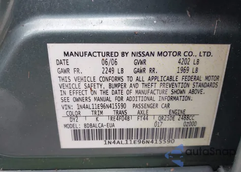 2006 Nissan Altima 2.5 S from USA, damaged, VIN 1N4AL11E96N415590